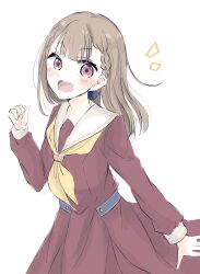 Rule 34 | 1girl, :d, baran. (ba ra ran), blunt bangs, blush, braid, brown dress, brown hair, center-flap bangs, clenched hand, commentary, cowboy shot, dress, hair ribbon, hand up, hasu no sora school uniform, highres, kachimachi kosuzu, link! like! love live!, long hair, long sleeves, looking at viewer, love live!, neckerchief, notice lines, open mouth, pale color, pink eyes, pleated dress, ribbon, sailor collar, sailor dress, school uniform, side ahoge, side braids, simple background, smile, solo, straight hair, teeth, upper teeth only, v-shaped eyebrows, virtual youtuber, white background, white sailor collar, winter uniform, yellow neckerchief