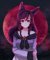 Rule 34 | 1girl, absurdres, animal ears, breasts, brooch, brown hair, cleavage, collarbone, dress, dungeon toaster, full moon, highres, imaizumi kagerou, jewelry, large breasts, long hair, long sleeves, looking at viewer, moon, off-shoulder dress, off shoulder, outdoors, red eyes, red moon, solo, touhou, white dress, wide sleeves, wolf ears