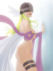 Rule 34 | 1girl, :o, angel wings, angewomon, ass, asymmetrical legwear, bare shoulders, blonde hair, breasts, covered eyes, cowboy shot, digimon, digimon (creature), facing viewer, from side, hagoromo, hand on wall, helmet, highres, large breasts, long hair, muramura hito, parted lips, revealing clothes, shawl, skindentation, solo, uneven legwear, white legwear, white wings, wings