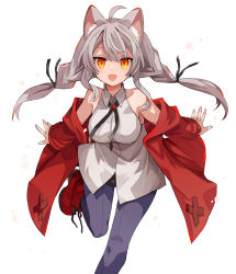 Rule 34 | 1girl, animal ear fluff, animal ears, bare shoulders, blue pants, breasts, collared shirt, dress shirt, eyebrows hidden by hair, feet out of frame, grey hair, hair between eyes, highres, jacket, long hair, long sleeves, looking at viewer, medium breasts, off shoulder, open clothes, open jacket, orange eyes, original, pants, red footwear, red jacket, shirt, shoes, sleeveless, sleeveless shirt, sleeves past wrists, solo, standing, standing on one leg, tori (10ri), twintails, white shirt