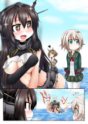 Rule 34 | + +, ^^^, 10s, 3girls, :d, bow, bowtie, brown hair, burnt clothes, cannon, covering privates, covering breasts, elbow gloves, explosion, gloves, green eyes, headgear, kantai collection, long hair, machinery, multiple girls, mutsu (kancolle), nagato (kancolle), ocean, open mouth, ouno (nounai disintegration), pantyhose, pleated skirt, red eyes, remodel (kantai collection), school uniform, serafuku, shimushu (kancolle), short hair, silver hair, skirt, smile, sparkle, standing, standing on liquid, tearing up, tears, thighhighs, torn clothes, turret, white legwear