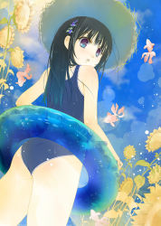 Rule 34 | 1girl, ass, bad id, bad pixiv id, bare shoulders, black hair, blue eyes, female focus, fish, flower, from behind, from below, gradient background, hat, innertube, long hair, looking back, nature, one-piece swimsuit, open mouth, original, outdoors, plant, sky, solo, standing, straw hat, sunflower, swim ring, swimsuit, water, yurikuta tsukumi