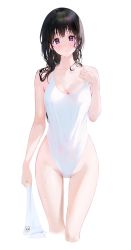 Rule 34 | 1girl, absurdres, black hair, blush, breasts, casual one-piece swimsuit, chitanda eru, cleavage, collarbone, cropped legs, hair over shoulder, highleg, highleg swimsuit, highres, holding, holding strap, holding towel, hyouka, large breasts, long hair, looking at viewer, mery (yangmalgage), one-piece swimsuit, parted lips, purple eyes, simple background, solo, swimsuit, towel, wet, wet clothes, wet hair, wet swimsuit, white background, white one-piece swimsuit