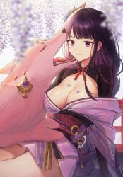 Rule 34 | 1girl, animalization, bad id, bad pixiv id, blurry, blurry foreground, braid, breasts, cleavage, closed eyes, earrings, flower, flower knot, fox, genshin impact, gold trim, highres, idasu (hyun9164), japanese clothes, jewelry, kimono, large breasts, long hair, looking at another, low-braided long hair, low-tied long hair, obi, obiage, obijime, off shoulder, open mouth, petals, pink fur, purple eyes, purple flower, purple hair, purple sash, raiden shogun, rope, sash, shimenawa, short kimono, shrug (clothing), sidelocks, single braid, solo, swept bangs, tassel, thighs, vision (genshin impact), yae miko, yae miko (fox)