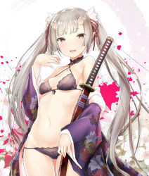 Rule 34 | 1girl, 47agdragon, bare shoulders, black bra, black panties, blush, bow, bow panties, bra, breasts, choker, commentary request, fangs, floral print, front-tie top, hair ribbon, highres, holding, holding sword, holding weapon, horns, japanese clothes, katana, kimono, long hair, long sleeves, looking at viewer, navel, off shoulder, oni, oni horns, open clothes, open kimono, open mouth, original, panties, pointy ears, red eyes, red ribbon, ribbon, scabbard, sheath, sheathed, silver hair, small breasts, smile, solo, standing, sword, twintails, underwear, underwear only, very long hair, weapon, wide sleeves