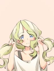 Rule 34 | blouse, blue eyes, closed mouth, diana cavendish, embarrassed, eyes visible through hair, hands in hair, little witch academia, parted bangs, seren lwa, shirt, simple background, solo, tagme, wavy hair, white shirt