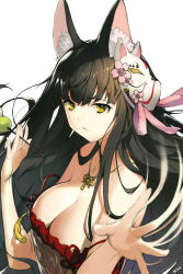 Rule 34 | 10s, 1girl, absurdres, alternate breast size, animal ear fluff, animal ears, areola slip, azur lane, bare shoulders, black hair, breasts, cleavage, closed mouth, collarbone, commentary request, dango, food, fox ears, fox mask, highres, hime cut, holding, holding food, jewelry, large breasts, looking at viewer, mask, mask on head, nagato (azur lane), nagato (great fox&#039;s respite) (azur lane), necklace, nike (nike1060), nipple slip, nipples, aged up, sanshoku dango, simple background, solo, straight hair, upper body, wagashi, white background, yellow eyes