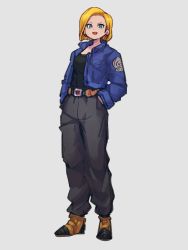 Rule 34 | 1girl, android 18, black pants, black shirt, blonde hair, blue eyes, blue jacket, boots, cosplay, dragon ball, dragonball z, full body, grey background, hands in pockets, jacket, kemachiku, looking at viewer, open clothes, open jacket, open mouth, pants, shirt, short hair, simple background, smile, solo, trunks (dragon ball), trunks (future) (dragon ball), trunks (future) (dragon ball) (cosplay), yellow footwear