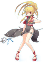 Rule 34 | 1girl, blonde hair, capcom, china dress, chinese clothes, dasoku sentarou, dress, feet, fingerless gloves, gloves, knees together feet apart, namco, namco x capcom, no panties, open mouth, platform footwear, ponytail, red eyes, red footwear, sandals, solo, staff, super robot wars, thighs, toes, xiaomu