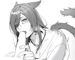 Rule 34 | 2boys, alternate hair length, alternate hairstyle, animal ears, anohito (asn), cat boy, cat ears, cat tail, cum, cum on fingers, facial mark, fellatio, final fantasy, final fantasy xiv, g&#039;raha tia, greyscale, highres, jewelry, licking, licking penis, looking at viewer, male focus, medium hair, miqo&#039;te, monochrome, multiple boys, neck tattoo, necklace, oral, penis, solo focus, tail, tattoo, yaoi