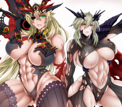 Rule 34 | 2girls, abs, artoria pendragon (lancer alter) (fate), barghest (fate), black sclera, bodysuit, breasts, cleavage, cleavage cutout, clothing cutout, colored sclera, covered erect nipples, cowboy shot, fate/grand order, fate (series), gluteal fold, green eyes, headgear, heattech leotard, heterochromia, impossible clothes, injury, large breasts, long hair, midriff, multiple girls, muscular, muscular female, navel, out of frame, red eyes, revealing clothes, scratches, shiriya, short hair, spread legs, sword, thighhighs, torn bodysuit, torn clothes, turtleneck, underboob, very long hair, weapon, white background, yellow eyes