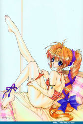 Rule 34 | 1girl, ankle ribbon, ass, back, barefoot, blue eyes, bottomless, bow, breasts, feet, from side, full body, hair bow, halterneck, indoors, leg ribbon, legs, long hair, panties, ramiya ryou, red hair, red panties, removing panties, retro artstyle, ribbon, sitting, solo, underwear, undressing, very long hair, watermark, web address