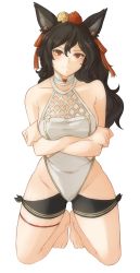 Rule 34 | 1girl, animal ears, arms under breasts, bare shoulders, blush, breasts, brown hair, cat ears, cleavage, closed mouth, collarbone, crossed arms, curvy, facing viewer, feet, flower, full body, gluteal fold, granblue fantasy, hair between eyes, hair ornament, highres, ilsa (granblue fantasy), knees apart feet together, large breasts, long hair, looking at viewer, one-piece swimsuit, red eyes, ribbon, rose, smile, solo, swimsuit, thigh strap, thighs, transparent background, tridisart, wide hips