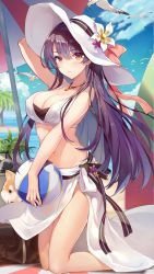 Rule 34 | 1girl, animal, arm up, ball, bare arms, bare shoulders, beach, beach umbrella, beachball, bikini, bird, black hair, breasts, cat, cleavage, cloud, covered erect nipples, criin (659503), day, dog, flower, girl cafe gun, hat, hat flower, highres, holding, jewelry, kneeling, large breasts, long hair, looking at viewer, navel, necklace, official art, orange eyes, outdoors, palm tree, plant, potted plant, revision, sarong, seagull, shi wuxia, shiba inu, sky, solo, stomach, sun hat, surfboard, swimsuit, thighs, tree, umbrella, very long hair, white bikini, white hat