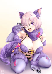 Rule 34 | 1girl, animal ears, black-framed eyewear, blush, breasts, claw pose, cleavage, elbow gloves, fate/grand order, fate (series), fur trim, glasses, gloves, hair over one eye, halloween costume, large breasts, looking at viewer, mash kyrielight, mash kyrielight (dangerous beast), official alternate costume, open mouth, osafune kairi, purple eyes, purple gloves, purple hair, purple thighhighs, solo, tail, thighhighs, wolf ears, wolf tail