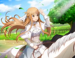 Rule 34 | 1girl, :d, arm up, asuna (sao), asuna (stacia), blurry, blurry background, braid, breasts, brown eyes, brown hair, capelet, day, dress, floating hair, french braid, game cg, grey dress, hair between eyes, horse, layered dress, long hair, medium breasts, open mouth, outdoors, riding, smile, solo, sunlight, sword art online, underbust, very long hair, white capelet