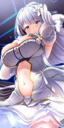 Rule 34 | 1girl, awa yume, azur lane, bare shoulders, blue eyes, blush, breasts, center opening, dress, elbow gloves, gloves, hair ribbon, highres, idol, illustrious (azur lane), illustrious (muse) (azur lane), large breasts, long hair, looking at viewer, music, navel, outstretched arm, ribbon, singing, skirt, solo, stomach, very long hair, white dress, white gloves, white hair