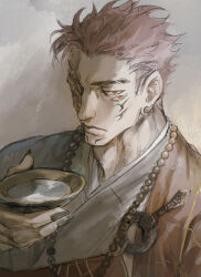 Rule 34 | 1boy, absurdres, bead necklace, beads, black nails, cup, drink, extra eyes, facial tattoo, highres, holding, holding cup, japanese clothes, jewelry, jujutsu kaisen, kimono, looking at viewer, male focus, muscular, muscular male, necklace, pink hair, red eyes, ryoumen sukuna (jujutsu kaisen), sakazuki, short hair, solo, tattoo, woshihedawei