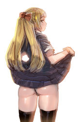 Rule 34 | 1girl, ass, black dress, black panties, black thighhighs, blonde hair, bow, bow (bhp), brown eyes, clothes lift, cowboy shot, dress, dress lift, from behind, hair bow, lifted by self, long hair, looking at viewer, looking back, orange bow, original, panties, ponytail, red bow, self exposure, short sleeves, sideways glance, simple background, sketch, solo, standing, thighhighs, thong, underwear, white background
