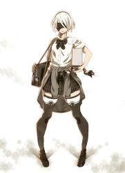 Rule 34 | 1girl, alternate costume, bag, black hairband, black thighhighs, blindfold, checkered clothes, checkered skirt, clothes around waist, contemporary, covered eyes, full body, hairband, highres, holding, loafers, mole, mole under mouth, nier (series), nier:automata, pleated skirt, pod (nier:automata), ribbon, school uniform, shoes, short hair, short sleeves, simple background, skirt, sweater, sweater around waist, tasaka shinnosuke, thighhighs, 2b (nier:automata), zettai ryouiki