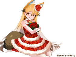 1girl animal_ears artistkitune19 bare_shoulders bell bow bowtie brown_hair christmas christmas_present detached_collar dress elbow_gloves extra_ears ezo_red_fox_(kemono_friends) fox_ears fox_girl fox_tail fur_trim gift gloves hair_between_eyes hat highres kemono_friends kemono_friends_3 long_hair mini_hat mini_santa_hat multicolored_hair neck_bell official_alternate_costume orange_eyes orange_hair plaid_clothes plaid_dress red_bow red_bowtie red_dress santa_dress santa_hat seiza sidelocks sitting solo tail translation_request white_fur white_gloves white_hair