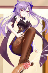 Rule 34 | 1girl, bare shoulders, censored, cum, ejaculation, feet, femdom, footjob, genshin impact, grin, hand on own hip, highres, keqing (genshin impact), long hair, naughty face, pantyhose, parted lips, penis, purple eyes, purple hair, smile, standing, standing on one leg, toes, twintails, v-shaped eyebrows