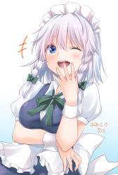 Rule 34 | 1girl, ;d, apron, bad id, bad pixiv id, blue background, blue dress, blue eyes, blush, bow, braid, breasts, commentary, dress, gradient background, green bow, green ribbon, hair between eyes, hair bow, hand up, highres, hisae (hisae collect), izayoi sakuya, looking at viewer, maid, maid apron, maid headdress, medium breasts, neck ribbon, one eye closed, open mouth, puffy short sleeves, puffy sleeves, ribbon, shirt, short hair, short sleeves, silver hair, smile, solo, touhou, twin braids, upper body, waist apron, white apron, white background, white shirt, wing collar, wrist cuffs