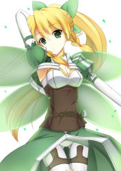 Rule 34 | 10s, 1girl, blonde hair, breasts, cleavage, green eyes, hair between eyes, if (asita), leafa, long hair, medium breasts, pointy ears, solo, sword art online, tatapopo, thighhighs, white background, white thighhighs