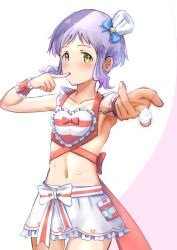 Rule 34 | apron, armpits, belly, blush, bow, breasts, chef hat, collarbone, finger in own mouth, frilled skirt, frills, hakubaru, hat, idolmaster, idolmaster million live!, idolmaster million live! theater days, looking at viewer, makabe mizuki, navel, purple hair, short bangs, short hair, sidelocks, simple background, skirt, sleeveless, small breasts, solo, thighs, whipped cream, white skirt, wrist cuffs, yellow eyes
