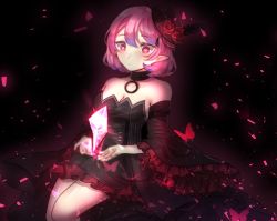 Rule 34 | bad id, bad twitter id, black background, breasts, bug, butterfly, cleavage, crystal, highres, insect, lucid (maplestory), maplestory, pointy ears, sitting, solo, tagme