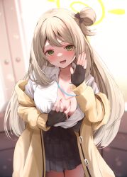 Rule 34 | 1girl, blue archive, blush, breasts, cardigan, cleavage, collared shirt, fingerless gloves, gloves, green eyes, halo, highres, large breasts, long hair, long sleeves, looking at viewer, narushima kanna, nonomi (blue archive), open mouth, partially unbuttoned, pleated skirt, school uniform, shirt, skirt