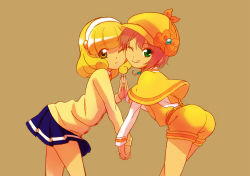 Rule 34 | 10s, 2girls, bad id, bad pixiv id, blonde hair, brown background, cardigan, color connection, crossover, green eyes, hairband, holding hands, harekawa, hat, kise yayoi, multiple girls, one eye closed, pink hair, precure, school uniform, season connection, short hair, shorts, smile precure!, tantei opera milky holmes, white hairband, wink, yellow eyes, yuzurizaki nero