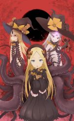 Rule 34 | 3girls, :o, abigail williams (fate), abigail williams (second ascension) (fate), abigail williams (third ascension) (fate), black bow, black dress, black hat, black panties, blonde hair, blue eyes, bow, bug, butterfly, commentary request, dress, fate/grand order, fate (series), forehead, grin, hair bow, hakumeiihari81, hat, hat bow, highres, hugging object, insect, key, long hair, long sleeves, looking at viewer, multiple girls, multiple persona, open mouth, orange bow, pale skin, panties, parted bangs, polka dot, polka dot bow, red eyes, revealing clothes, sleeves past fingers, sleeves past wrists, smile, stuffed animal, stuffed toy, suction cups, teddy bear, tentacles, topless, underwear, very long hair, white hair, witch hat