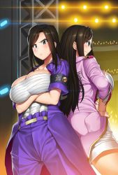 Rule 34 | &gt;:(, 10s, 1girl, abs, armband, back-to-back, belt, black eyes, black hair, blush, breast hold, breasts, cleavage, clothes writing, collarbone, cowboy shot, crossed arms, delinquent, dual persona, frown, hand on own hip, idol, idolmaster, idolmaster cinderella girls, large breasts, light stick, long hair, looking at viewer, mukai takumi, obui, open clothes, sarashi, sidelocks, smile, sukeban, v-shaped eyebrows