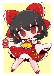 Rule 34 | 1girl, ascot, black hair, bow, collared shirt, detached sleeves, frilled bow, frilled hair tubes, frilled shirt collar, frilled skirt, frills, gohei, hair bow, hair tubes, hakurei reimu, highres, op na yarou, red bow, red eyes, red footwear, red shirt, red skirt, ribbon-trimmed sleeves, ribbon trim, shirt, short hair, skirt, sleeveless, sleeveless shirt, solo, touhou, v-shaped eyebrows, white background, white sleeves, wide sleeves, yellow ascot, yellow background