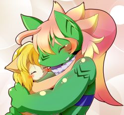 Rule 34 | androgynous, blonde hair, cat, closed eyes, dragon, furry, gender request, gradient background, hug, liu wo, long hair, open mouth, upper body