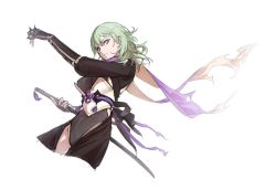 Rule 34 | 1girl, alternate costume, arm guards, between fingers, black gloves, black leotard, breasts, byleth (female) (fire emblem), byleth (fire emblem), closed mouth, clovisxvii, commentary, cowboy shot, cropped legs, expressionless, fingerless gloves, fire emblem, fire emblem: three houses, flower knot, gloves, green eyes, green hair, holding, holding shuriken, holding weapon, leotard, looking at viewer, medium breasts, medium hair, ninja, nintendo, obi, purple scarf, sash, scarf, shuriken, simple background, solo, sword, tassel, torn clothes, torn scarf, weapon, white background, wind