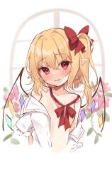 Rule 34 | 1girl, absurdres, backlighting, bare shoulders, blonde hair, blush, bow, breasts, crystal, fang, flandre scarlet, flower, hair bow, highres, indoors, light smile, medium hair, miy@, off shoulder, one side up, parted lips, petite, pointy ears, red bow, red flower, signature, simple background, small breasts, solo, touhou, white background, window, wings