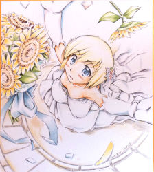 Rule 34 | 1girl, alternate costume, armpits, arms up, blonde hair, blue eyes, blush, border, bouquet, breasts, cleavage, collarbone, colored pencil (medium), confetti, dated, downblouse, dress, elbow gloves, erica hartmann, female focus, flower, from above, gloves, hair flower, hair ornament, looking up, marker (medium), masana hatuse, millipen (medium), muted color, open mouth, plant, short hair, signature, sleeveless, sleeveless dress, small breasts, solo, strike witches, throwing, traditional media, wedding dress, white background, white dress, white gloves, world witches series