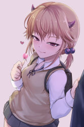 Rule 34 | 1girl, :q, backpack, bag, blush, breasts, brown hair, candy, food, highres, horns, kasai shin, lollipop, looking at viewer, medium breasts, original, pov, purple eyes, short twintails, skirt, smile, solo focus, standing, tongue, tongue out, twintails, uniform