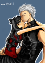Rule 34 | 00s, 1boy, 1girl, archer (fate), arm around neck, black hair, blush, couple, dark skin, dark-skinned male, closed eyes, fate/stay night, fate (series), hand on own hip, hetero, hug, licking, reclining, short hair, silver hair, sleeveless, tohsaka rin, turtleneck, twintails, two side up, wince