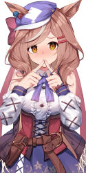 Rule 34 | 1girl, animal ears, bare shoulders, blush, bow, bowtie, breasts, brown eyes, brown hair, collared shirt, commentary request, corset, ears through headwear, fingers to mouth, hair ornament, hairpin, hands up, hat, highres, horse ears, horse girl, index fingers together, long hair, long sleeves, looking at viewer, matikane tannhauser (umamusume), miyasaka miyabi, multicolored hair, parted lips, purple bow, purple bowtie, purple hat, purple skirt, shirt, skirt, solo, streaked hair, swept bangs, umamusume, white hair, white shirt