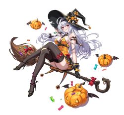 Rule 34 | absurdres, bell, belt, black gloves, black thighhighs, breasts, broom, broom riding, candy, dress, food, game cg, gloves, guardian tales, hairband, half vampire priscilla, halloween, halloween costume, hat, high heels, highres, horns, jack-o&#039;-lantern, jingle bell, lollipop, long hair, medium breasts, multiple belts, official art, orange dress, orange ribbon, parted lips, red eyes, red ribbon, ribbon, sideboob, single horn, thighhighs, thighs, transparent background, white hair, witch, witch hat