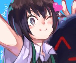 Rule 34 | 1girl, ^ ^, artist name, backpack, bag, black hair, black necktie, blue background, blush, bright pupils, brown eyes, bunny ears prank, c:, character name, close-up, closed eyes, closed mouth, commentary, dress shirt, green bag, hair between eyes, heart, loose necktie, marvel, mecha, necktie, one eye closed, peni parker, portrait, robot, school uniform, selfie, shirt, short hair, short sleeves, signature, smile, solo, sp//dr, sparkle, spider-man: into the spider-verse, spider-man (series), spider-verse, sushi pizza rrr, v, white shirt