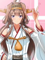 Rule 34 | 1girl, absurdres, ahoge, blush, brown hair, closed mouth, detached sleeves, double bun, hair bun, hand up, headgear, heart, highres, index finger raised, kantai collection, kongou (kancolle), kongou kai ni (kancolle), long hair, looking at viewer, nontraditional miko, one-hour drawing challenge, purple eyes, ribbon-trimmed sleeves, ribbon trim, roko roko (doradorazz), smile, solo, twitter username, upper body