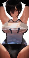 Rule 34 | 1girl, absurdres, armpits, arms up, black bra, black hair, blush, bra, brown eyes, gym uniform, hair between eyes, highres, original, parted lips, pen guin15, see-through, short hair, simple background, solo, spread legs, sweat, underwear, wet, wet clothes, white background