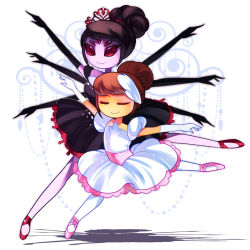 Rule 34 | 1girl, alternate costume, alternate hairstyle, androgynous, arthropod girl, ballerina, ballet slippers, black hair, black swan, brown hair, closed eyes, dancing, dress, extra arms, extra eyes, fangs, folded ponytail, frisk (undertale), full body, gloves, highres, insect girl, muffet, pantyhose, puffy short sleeves, puffy sleeves, rotodisk, short hair, short sleeves, sparkle, spider girl, spread legs, teeth, tiara, tutu, undertale, white gloves, white pantyhose