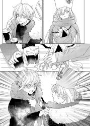 Rule 34 | 1boy, 1girl, anastasia (fate), anastasia (shvibzik snow) (fate), bad id, bad twitter id, bench, black shirt, blouse, cold, comic, cup, disposable cup, doll, earrings, emphasis lines, fate/grand order, fate (series), fur hat, giving, greyscale, hair over one eye, hat, jewelry, kadoc zemlupus, long hair, monochrome, papakha, scarf, shirt, tsengyun