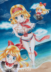 Rule 34 | 1girl, 3girls, :d, adapted costume, alice margatroid, bare legs, beach, bikini, blonde hair, bow, breasts, capelet, cloud, day, doll, dutch angle, female focus, floating, full body, hair bow, hairband, hiyokonomi, lace, looking at viewer, marker (medium), medium breasts, multiple girls, ocean, open mouth, outdoors, outstretched hand, ribbon, sample watermark, shanghai doll, short hair, side-tie bikini bottom, sky, smile, swimsuit, touhou, traditional media, watermark