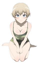 Rule 34 | 1girl, absurdres, blonde hair, blue eyes, blush, brave witches, breasts, camouflage swimsuit, cleavage, closed mouth, collarbone, covered navel, from above, highres, large breasts, looking at viewer, looking up, nikka edvardine katajainen, shilka (amur shilka), shiny skin, short hair, simple background, sitting, solo, swimsuit, white background, world witches series